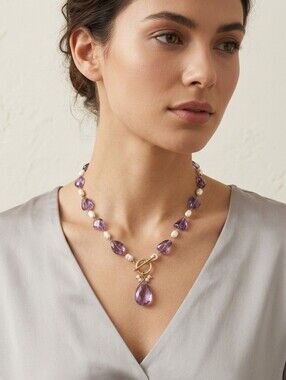 14K Gold Amethyst Pearl Drop Necklace Certificate